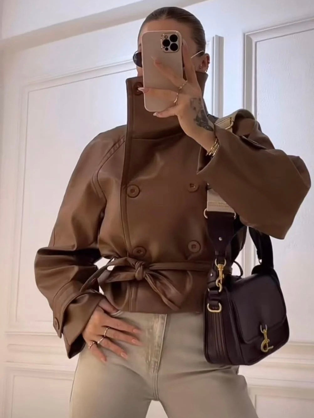 Camel Leather Belted Trench