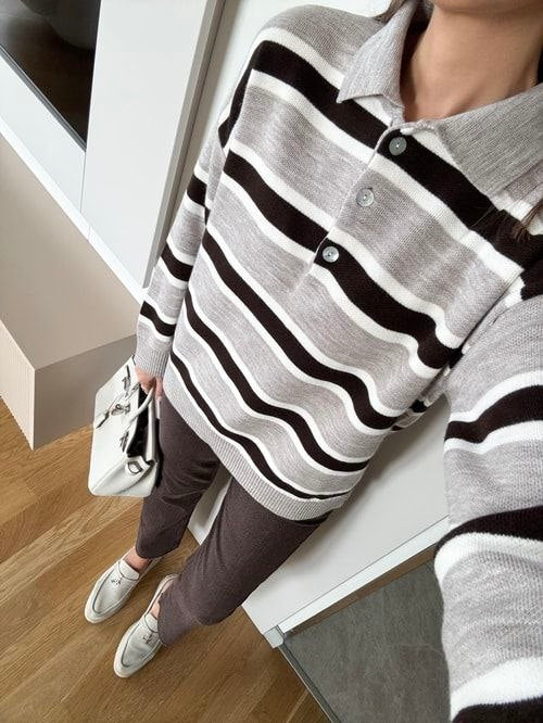 Striped Knit Polo Sweater
