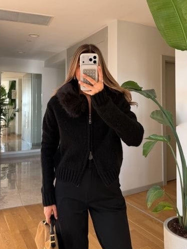 Black Fur Collar Cardigan
