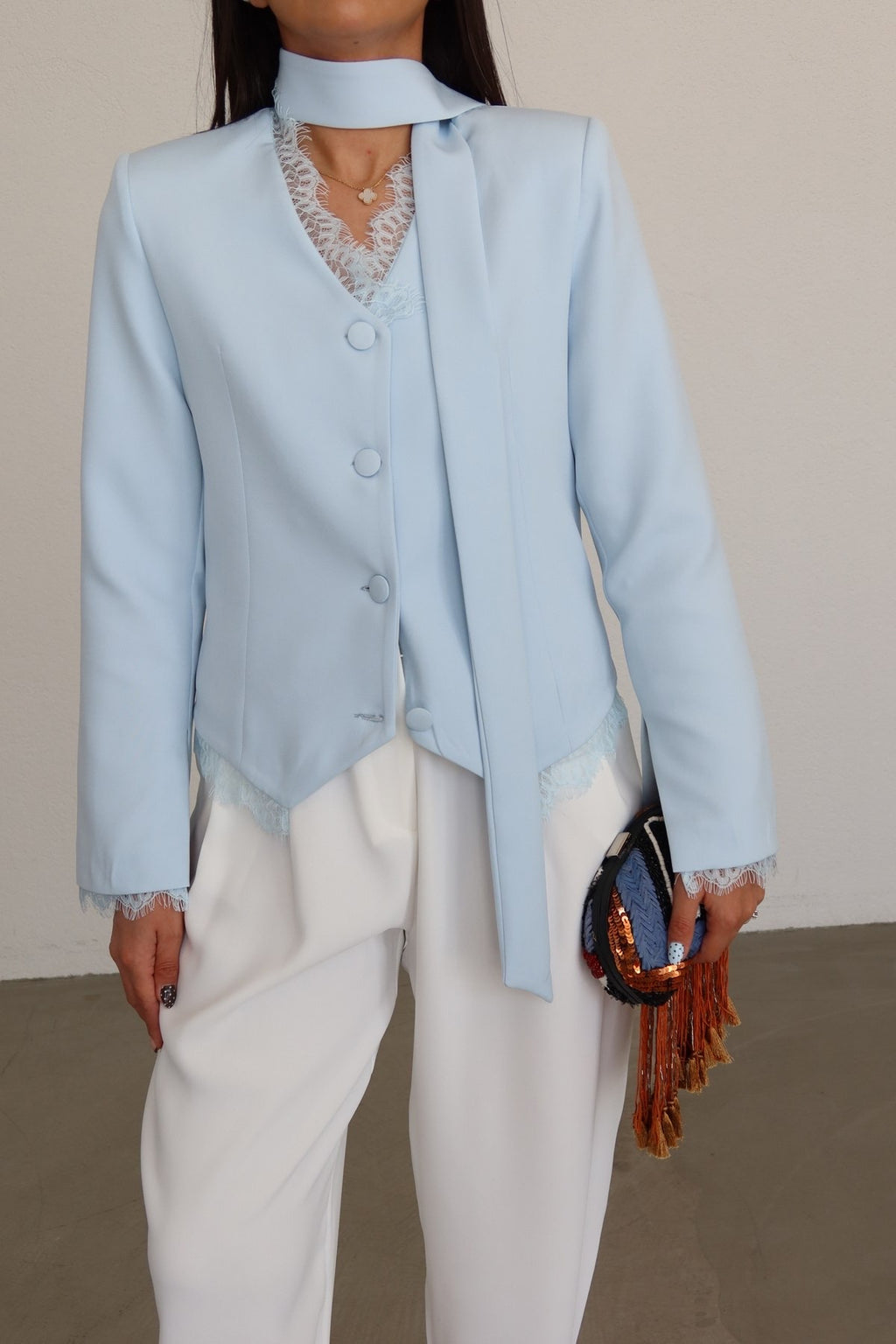 Blue Lace Trim Tie-Neck Blazer
