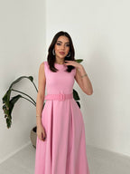 Pink Belted Midi Dress