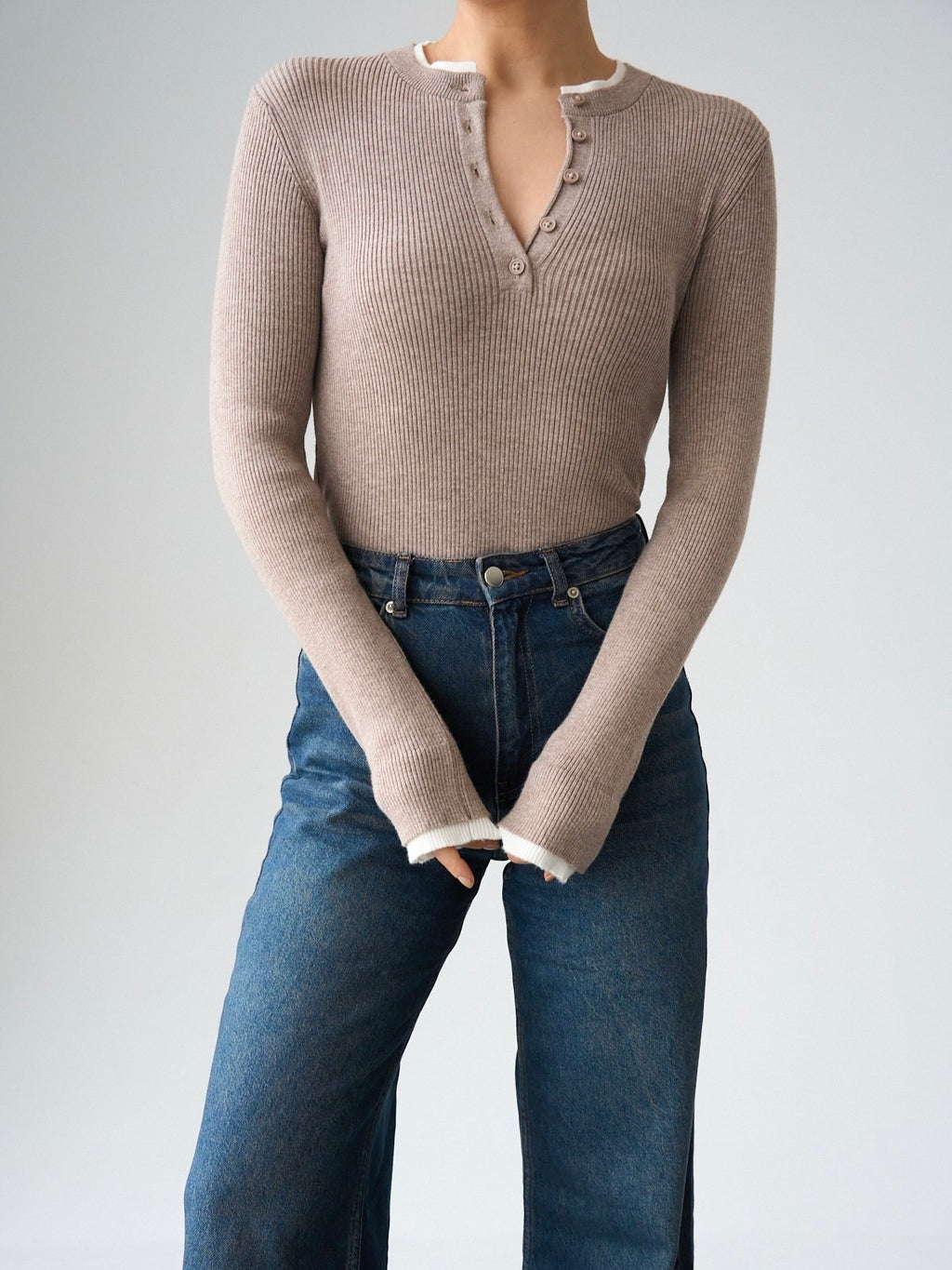 Ribbed Button Neck Top