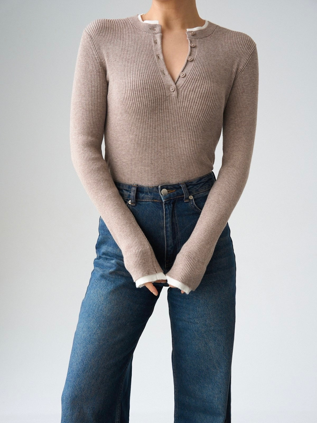 Ribbed Button Neck Top