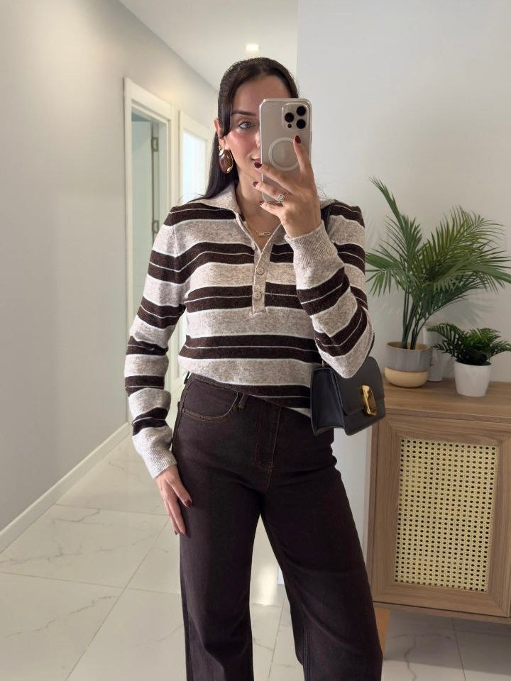 Brown Striped Knit Polo Sweater