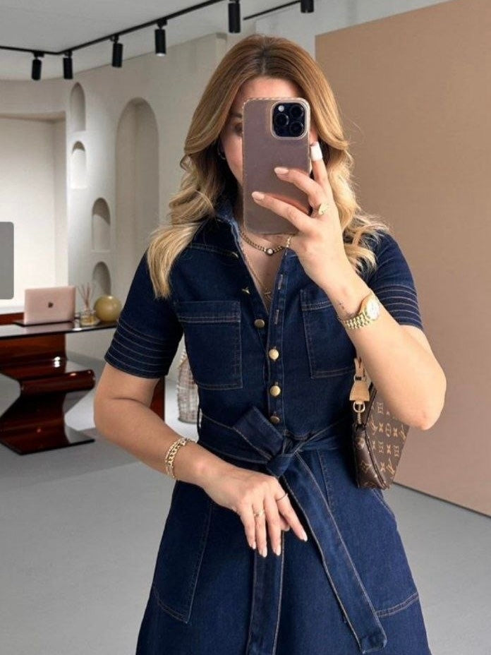 Navy Denim Belted Midi Dress