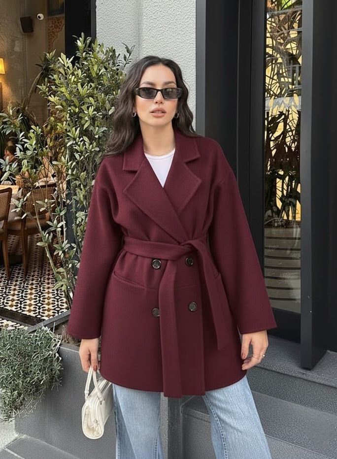 Burgundy Belted Wool Coat