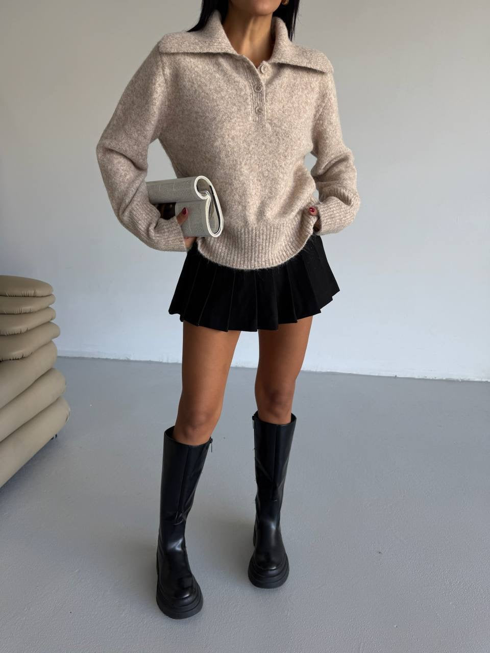 Open-Collar Knit Sweater