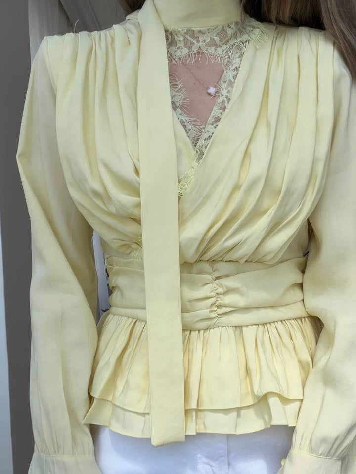 Yellow Wrap Lace Blouse