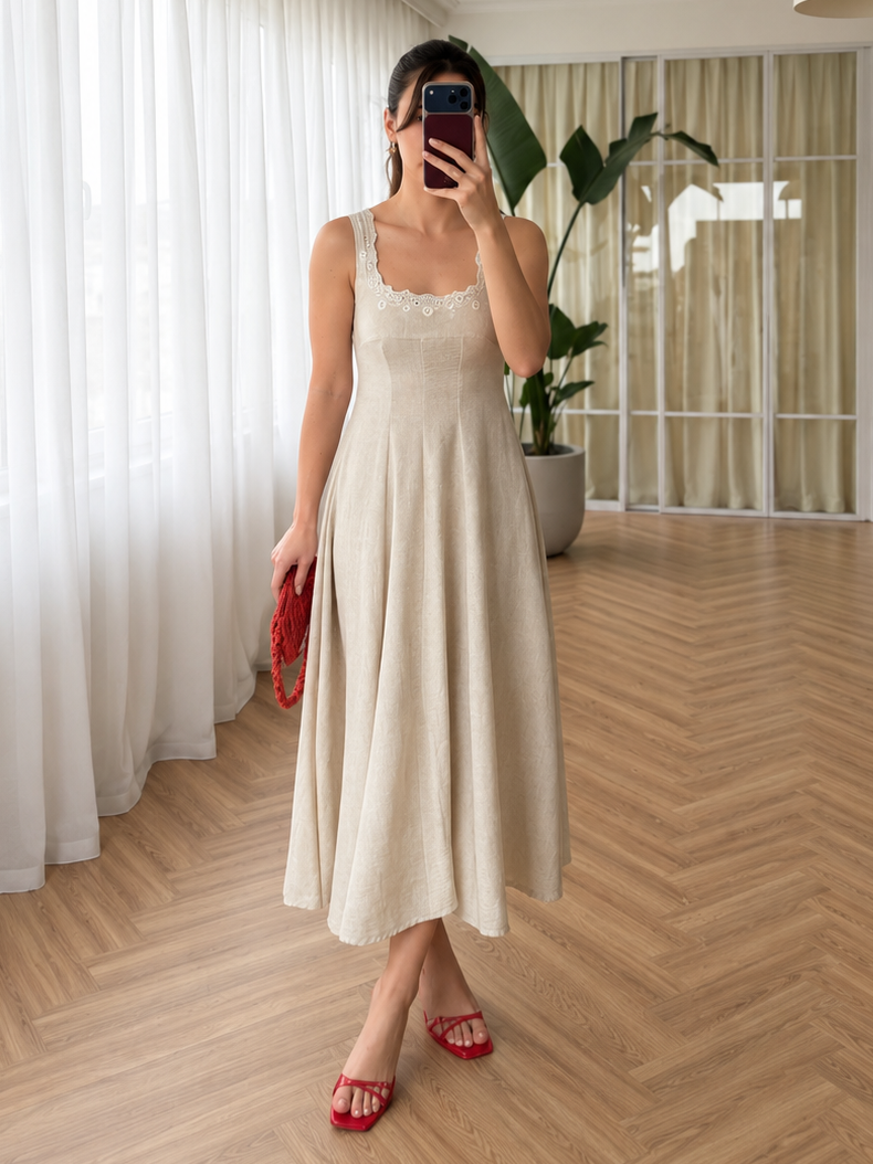 Lace Trim Linen Midi Dress