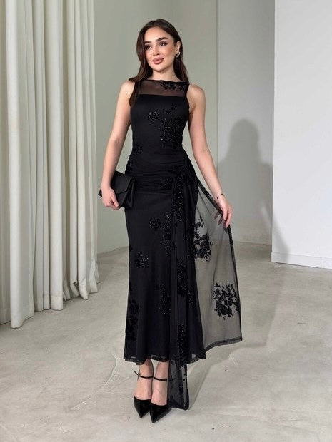 Noir Elegance Embellished Dress