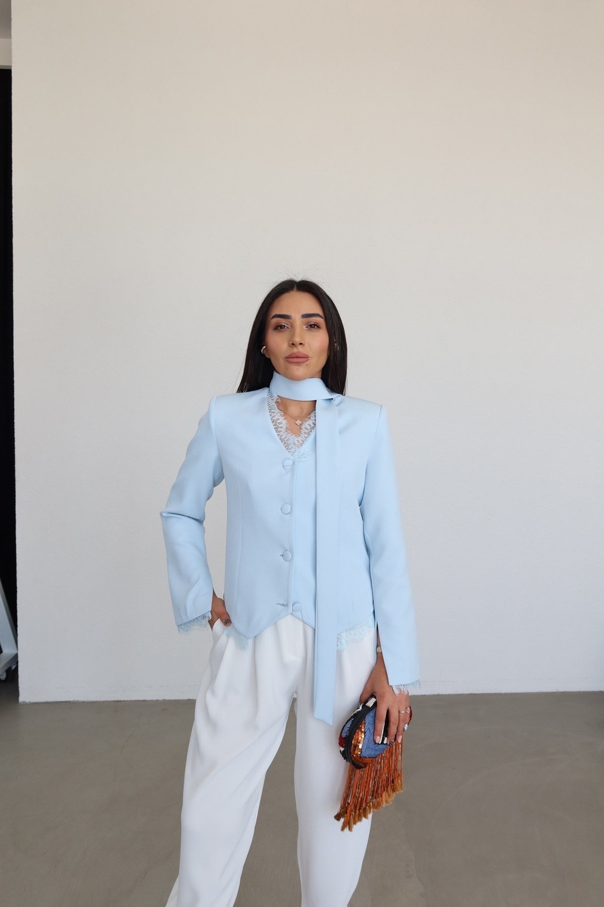 Blue Lace Trim Tie-Neck Blazer