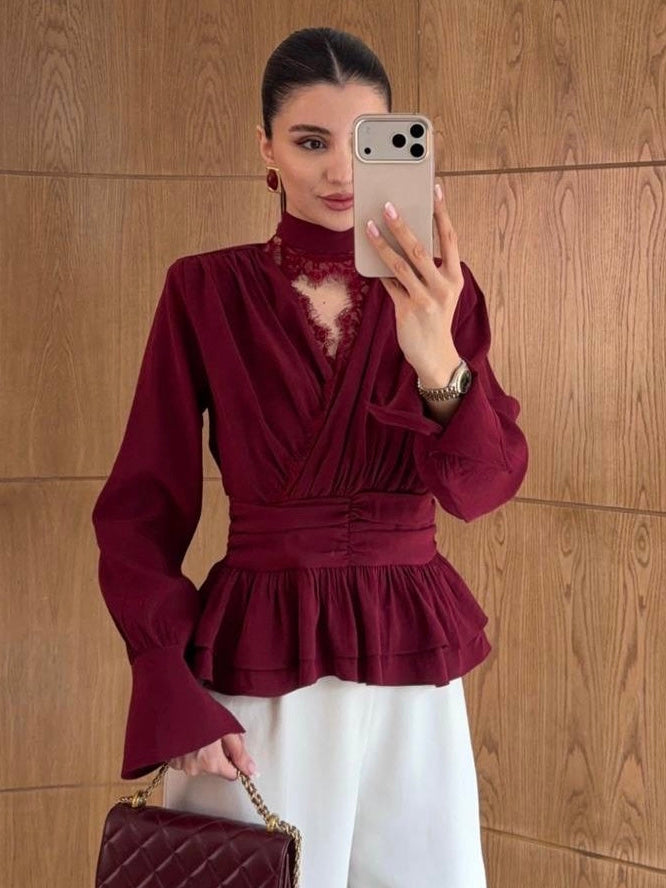 Burgundy Wrap Lace Blouse