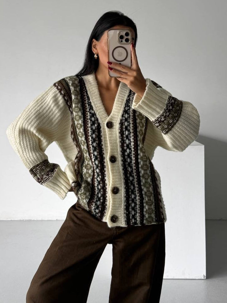 Cream Geometric Knit Cardigan