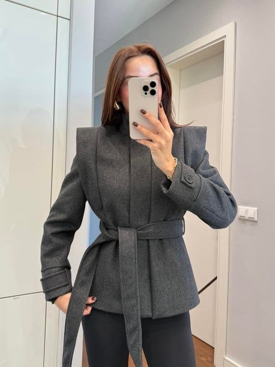 Grey Belted Structured Jacket