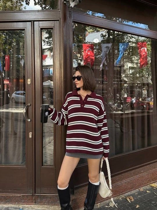 Burgundy Striped Wool Sweater