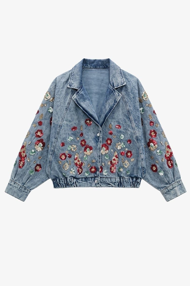 Embroidered Floral Denim Blazer