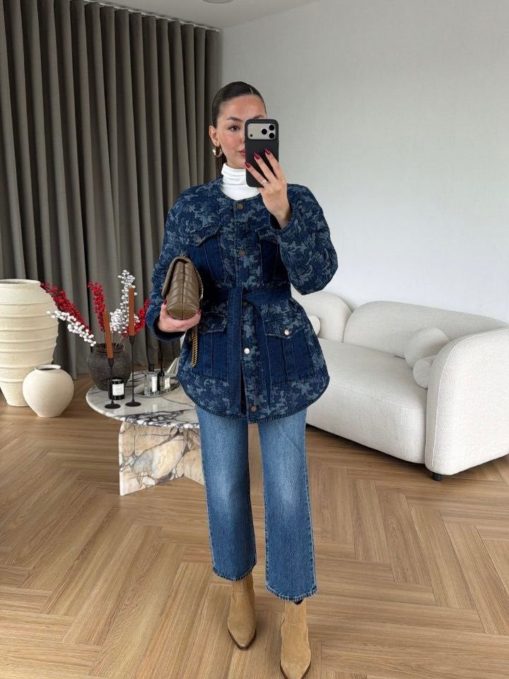 Denim Pattern Belted Jacket