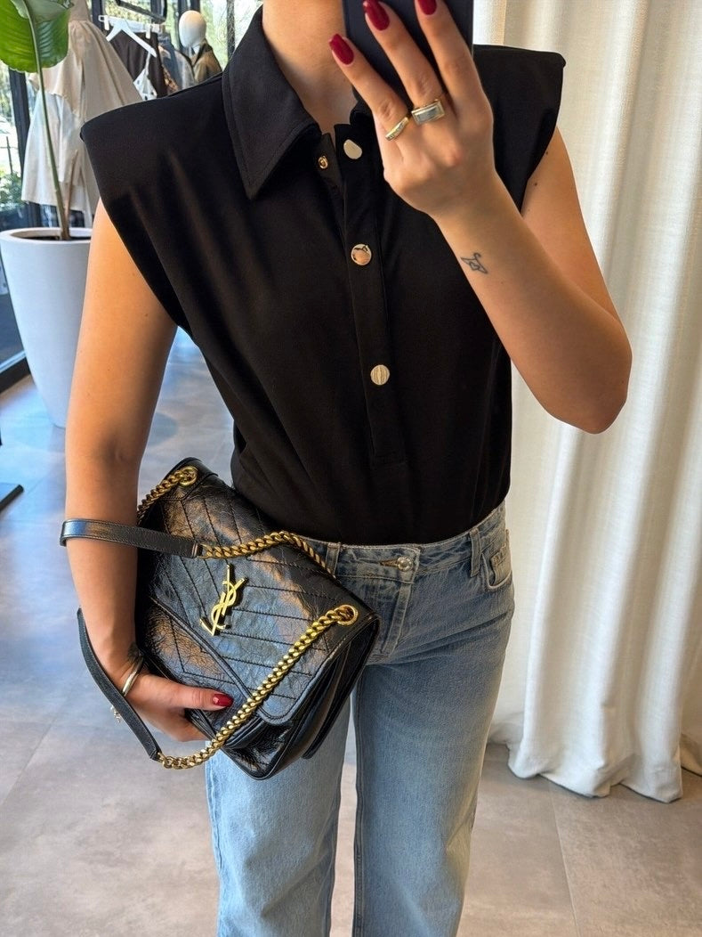 Black Sleeveless Button Polo Bodysuit