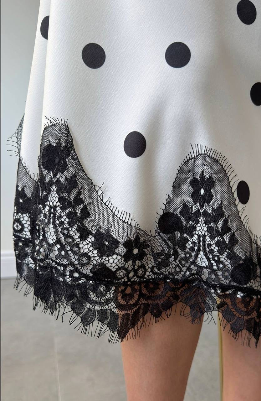 Polka Dot Lace Hem Midi Skirt