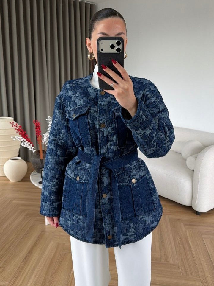 Denim Pattern Belted Jacket