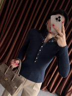 Navy Button Ribbed Top
