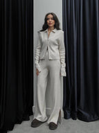 Beige Ribbed Knit Zip-Up Set