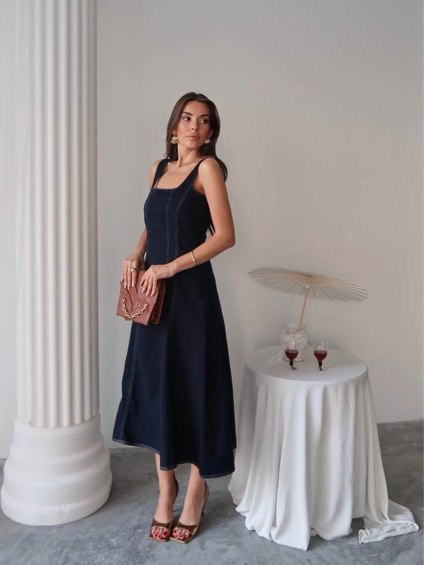 Navy Denim Midi Dress