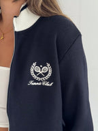 Navy Contrast Trim Zip-Up Knit Top