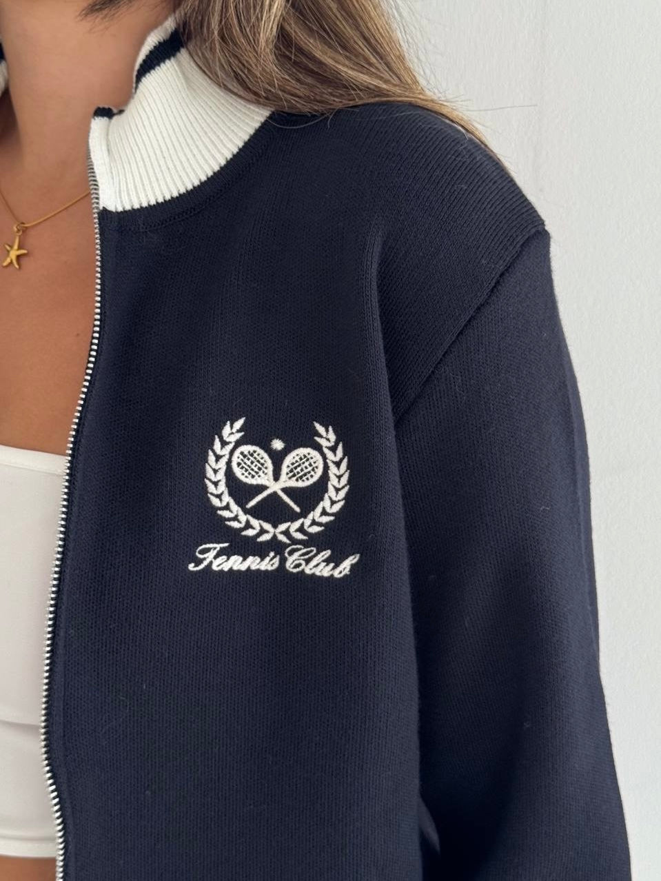 Navy Contrast Trim Zip-Up Knit Top