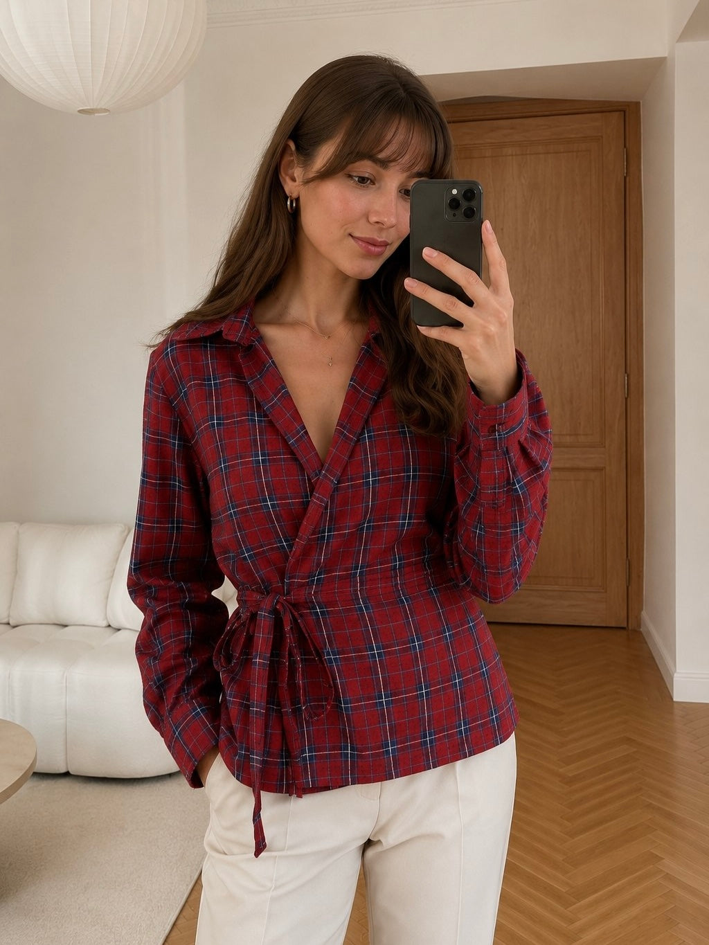 Red Plaid Wrap Blouse