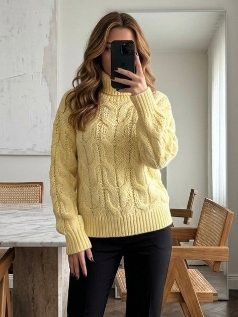 Light Yellow Cable Knit Turtleneck Sweater