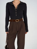 Brown Wool Knit Top with Buttons
