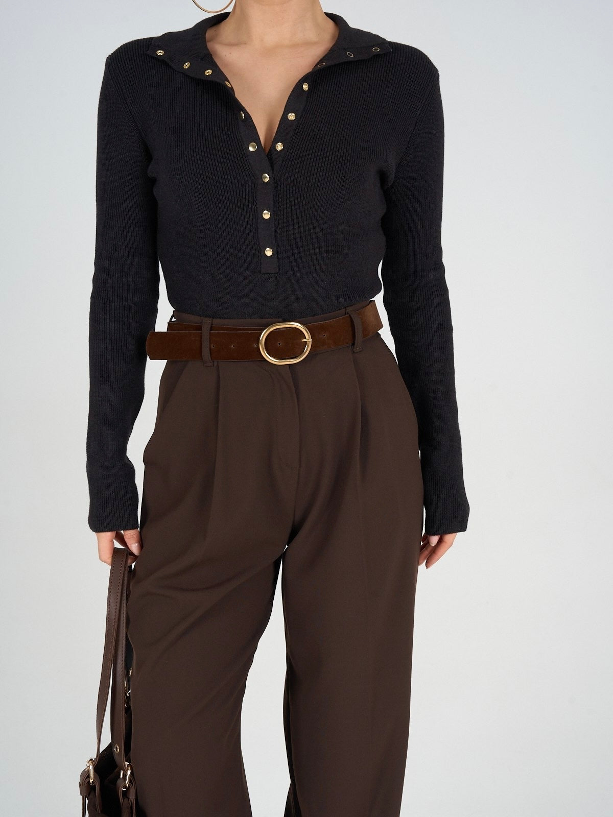Brown Wool Knit Top with Buttons