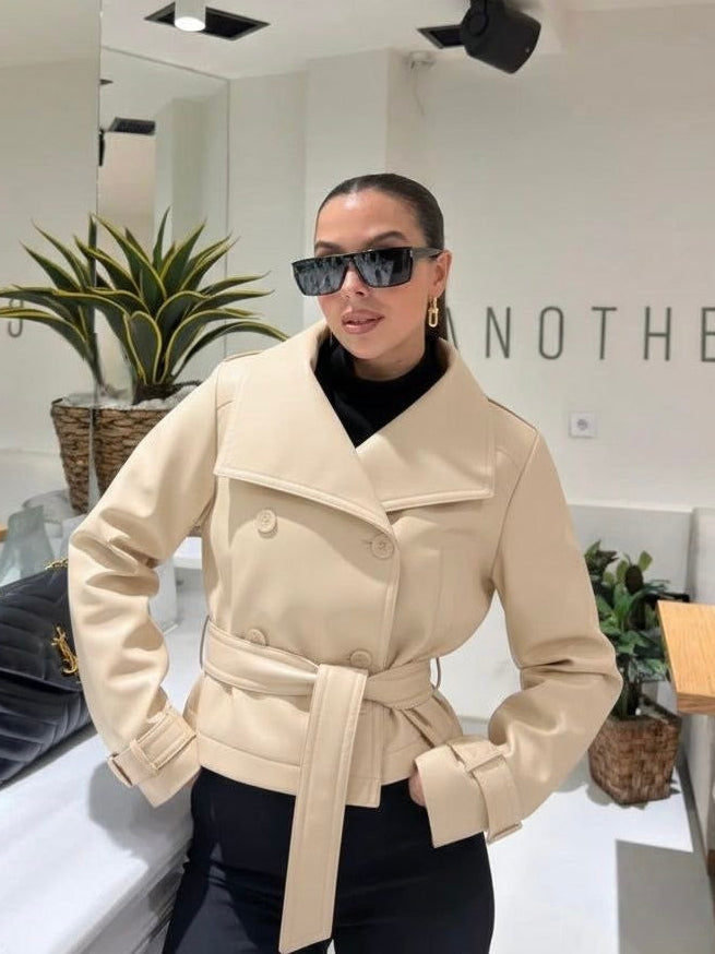 Beige Leather Belted Trench