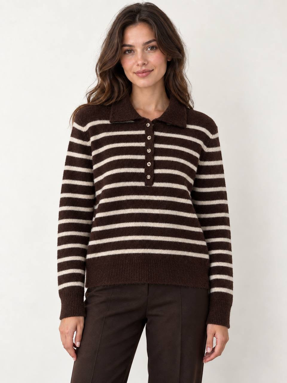 Brown Striped Fluffy Polo Sweater