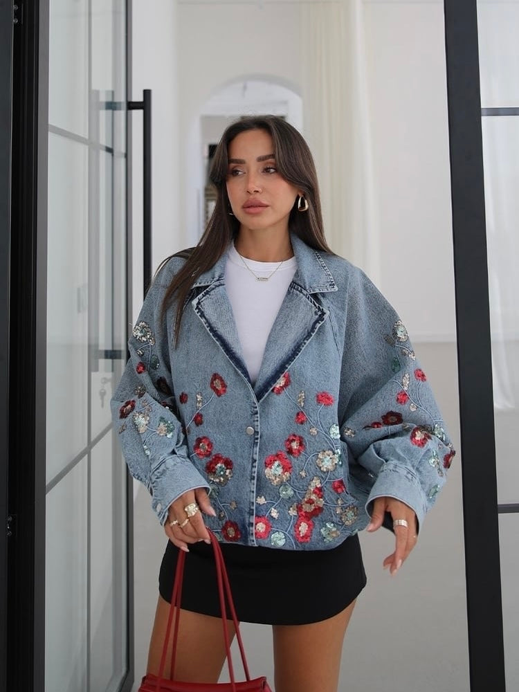Embroidered Floral Denim Blazer