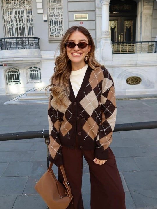Brown Argyle Knit Cardigan