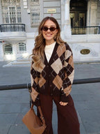 Brown Argyle Knit Cardigan