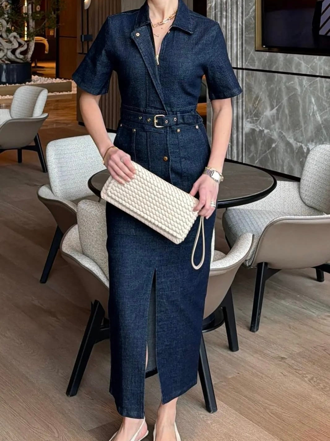 Midnight Denim Belted Dress