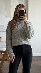 Grey Cable Knit Turtleneck Sweater