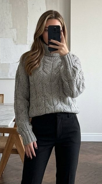 Grey Cable Knit Turtleneck Sweater
