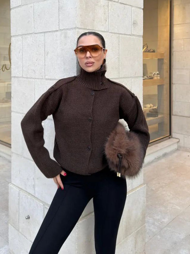 Buttoned High-Neck Knit Sweater