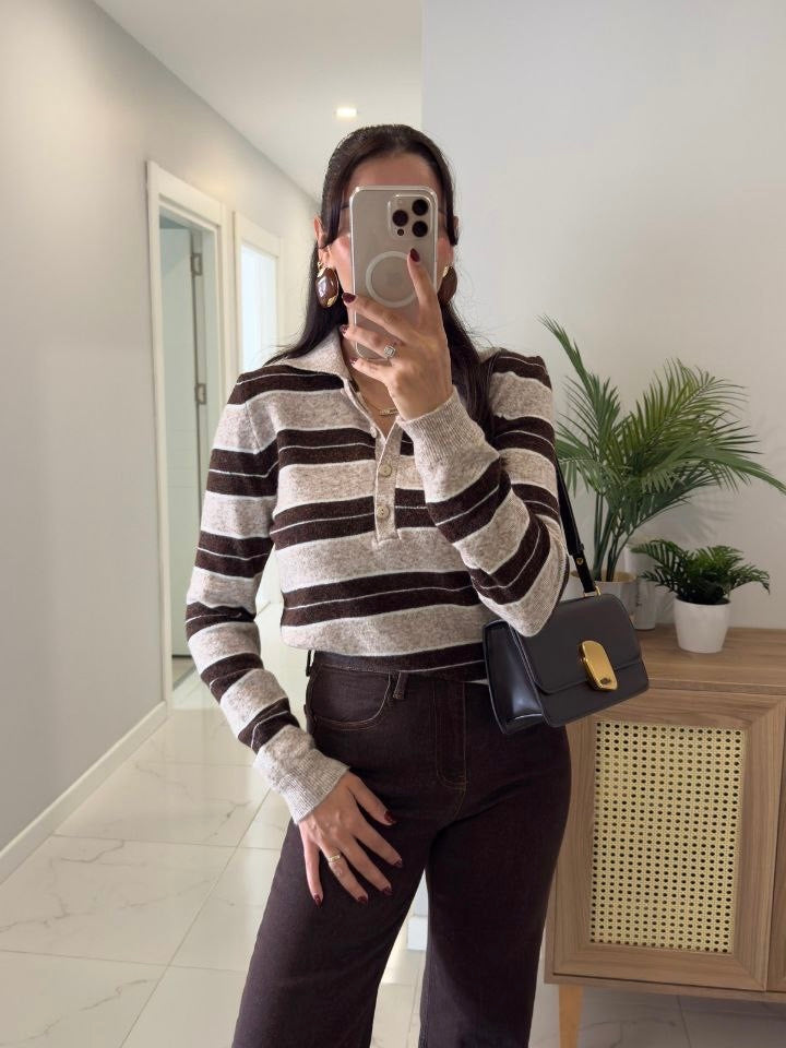Brown Striped Knit Polo Sweater