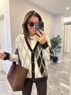 Brown & White Argyle Cardigan