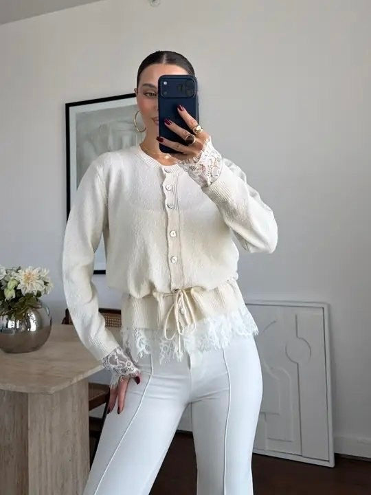 Lace Trim Knit Button-Front Cardigan