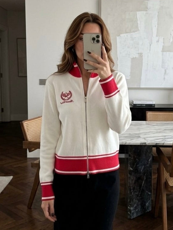 White Contrast Trim Zip-Up Knit Top