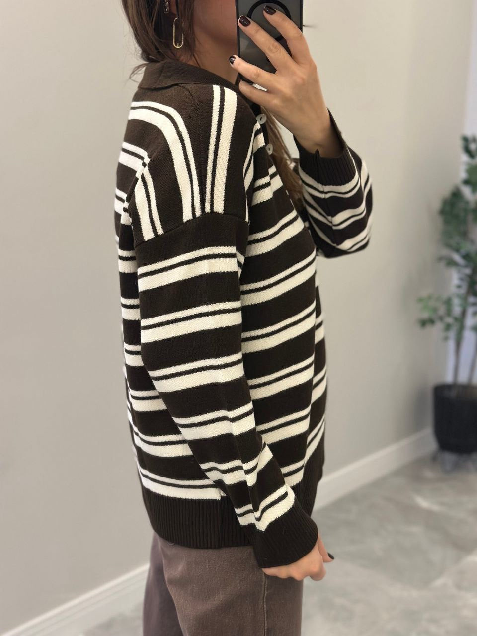 Brown Striped Polo Sweater