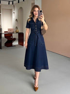 Navy Denim Belted Midi Dress