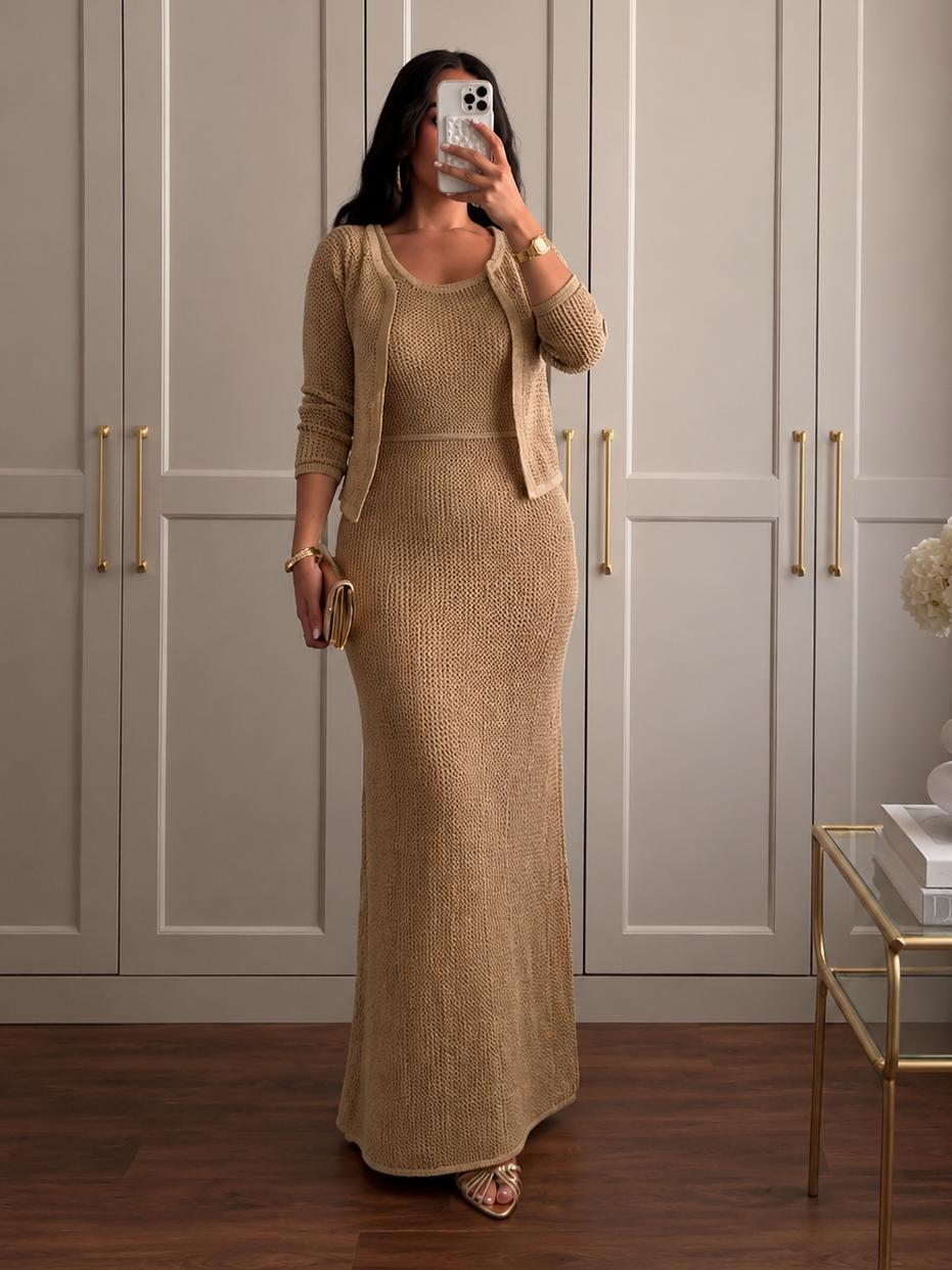 Sand Beige Knit Maxi Dress