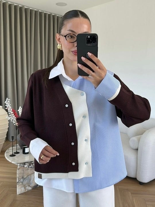 Burgundy Color Block Striped Cardigan Shirt